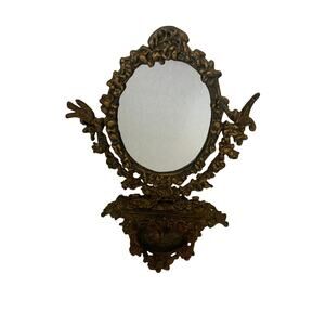 Vintage Art Nouveau Ornate Cast Iron Vanity Dresser Swivel Mirror Trinket Tray